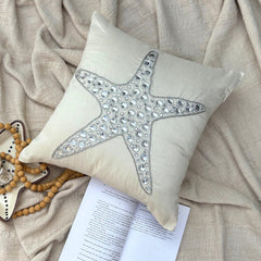 Starfish Crystals - Ivory Cotton Linen Throw Pillow Cover
