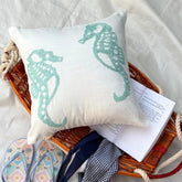 Sea Horse Aqua - White Art Silk Throw Pillow Cover
