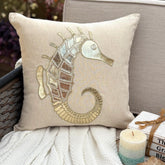 Gold Sea Horse - Natural Beige Cotton Linen Throw Pillow Cover