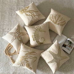 Gold Sea Horse - Natural Beige Cotton Linen Throw Pillow Cover
