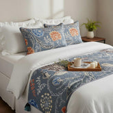 Linen Blue Decorative Bed Runner and Pillow Cover - Peacock Willow