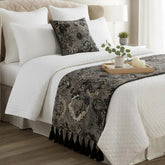 Black & Grey Velvet Decorative Bed Runner and Pillow Cover, Paved Damask