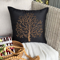 Celebrated Tree - Black Art Silk Throw Pillow Cover