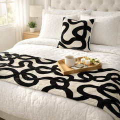 Noir Scroll - Cut Velvet Black Decorative Bed Runner and Pillow Cover