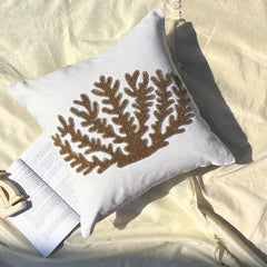 Gold Coral Hunt - Ivory Cotton Linen Throw Pillow Cover