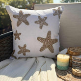 Gold Starfish - Ivory Cotton Linen Throw Pillow Cover