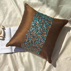 Cocoa Turq - Chocolate Brown Art Silk Throw Pillow Cover