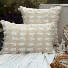 White & Beige Textured Jacquard Lumbar Pillow Cover - Ivory Fringe