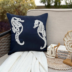 Navy Blue Sea Horse - Navy Blue Art Silk Throw Pillow Cover