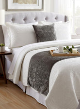 Velvet Grey Damask Modern Bed Runner with Pillow Cover-Foil Damask