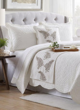 Linen White Decorative Bed Runner and Pillow Cover - Fern Blossom
