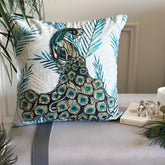 Art Nouveau Peacock - Teal Cotton Throw Pillow Cover