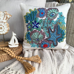 Under The Ocean - Blue Cotton Linen Throw Pillow Cover