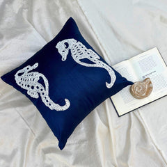 Navy Blue Sea Horse - Navy Blue Art Silk Throw Pillow Cover