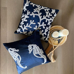 Navy Blue Sea Horse - Navy Blue Art Silk Throw Pillow Cover