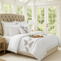 Fern Blossom - Linen White Decorative Bed Runner and Pillow Cover
