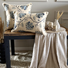 Morning Flower - Blue Linen Throw Pillow Cover