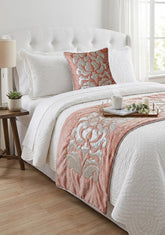 Peach & Ivory Velvet Decorative Bed Runner and Pillow Cover, Peach Elegance
