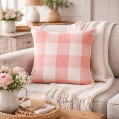 Peach Pink Plaid - Peach Buffalo Checks Throw Pillow Cover