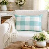 Aqua Plaid Play - Aqua Blue Cotton Lumbar Pillow Cover