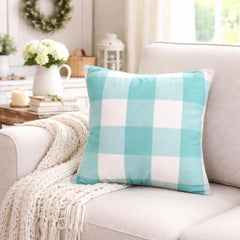 Aqua Plaid - Aqua Blue Buffalo Checks Throw Pillow Cover