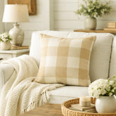 Beige Plaid - Beige Cotton Throw Pillow Cover