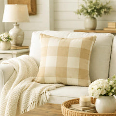 Beige Plaid - Beige Cotton Decorative Euro Sham