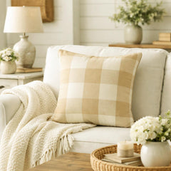 Beige Plaid - Beige Cotton Throw Pillow Cover