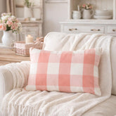 Peach Pink Plaid Play - Pink Cotton Lumbar Pillow Cover