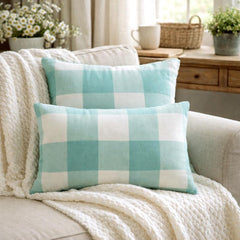 Aqua Plaid - Aqua Blue Buffalo Checks Throw Pillow Cover