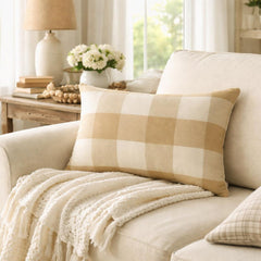 Beige Plaid Play - Beige Cotton Lumbar Pillow Cover