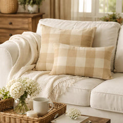 Beige Plaid - Beige Cotton Throw Pillow Cover