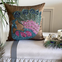 Blue Peacock - Brown Art Silk Decorative Euro Sham