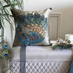 Taupe Green Peacock - Taupe Green Art Silk Decorative Euro Sham
