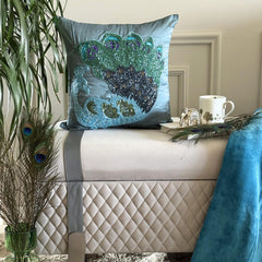 Dancing Peacock - Blue Art Silk Decorative Euro Sham