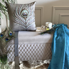Peacock Feather - Silver Art Silk Throw Pillow Cover
