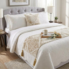Mabel Ivory - Velvet Ivory Decorative Bed Runner and Pillow Cover