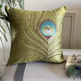 Green Peacock Feather Pillow Cover
