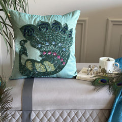 Peacock Glam - Blue Art Silk Throw Pillow Cover