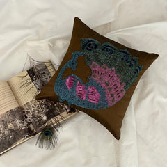 Blue Peacock - Brown Art Silk Throw Pillow Cover