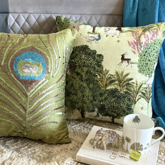 Mor Nritya - Green Cotton Throw Pillow Cover