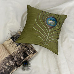 Green Peacock Feather - Green Art Silk Throw Pillow Cover