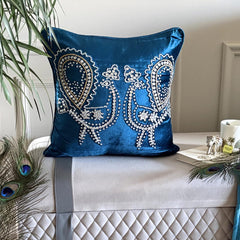 Peacock Deco - Blue Velvet Throw Pillow Cover