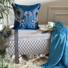 Peacock Deco - Blue Velvet Throw Pillow Cover