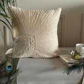 Peacock Pearls - Natural Beige Cotton Linen Throw Pillow Cover