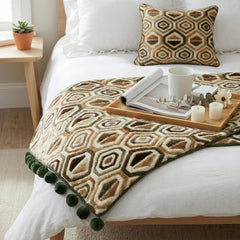 Hex Element - Velvet Beige Decorative Bed Runner and Pillow Cover