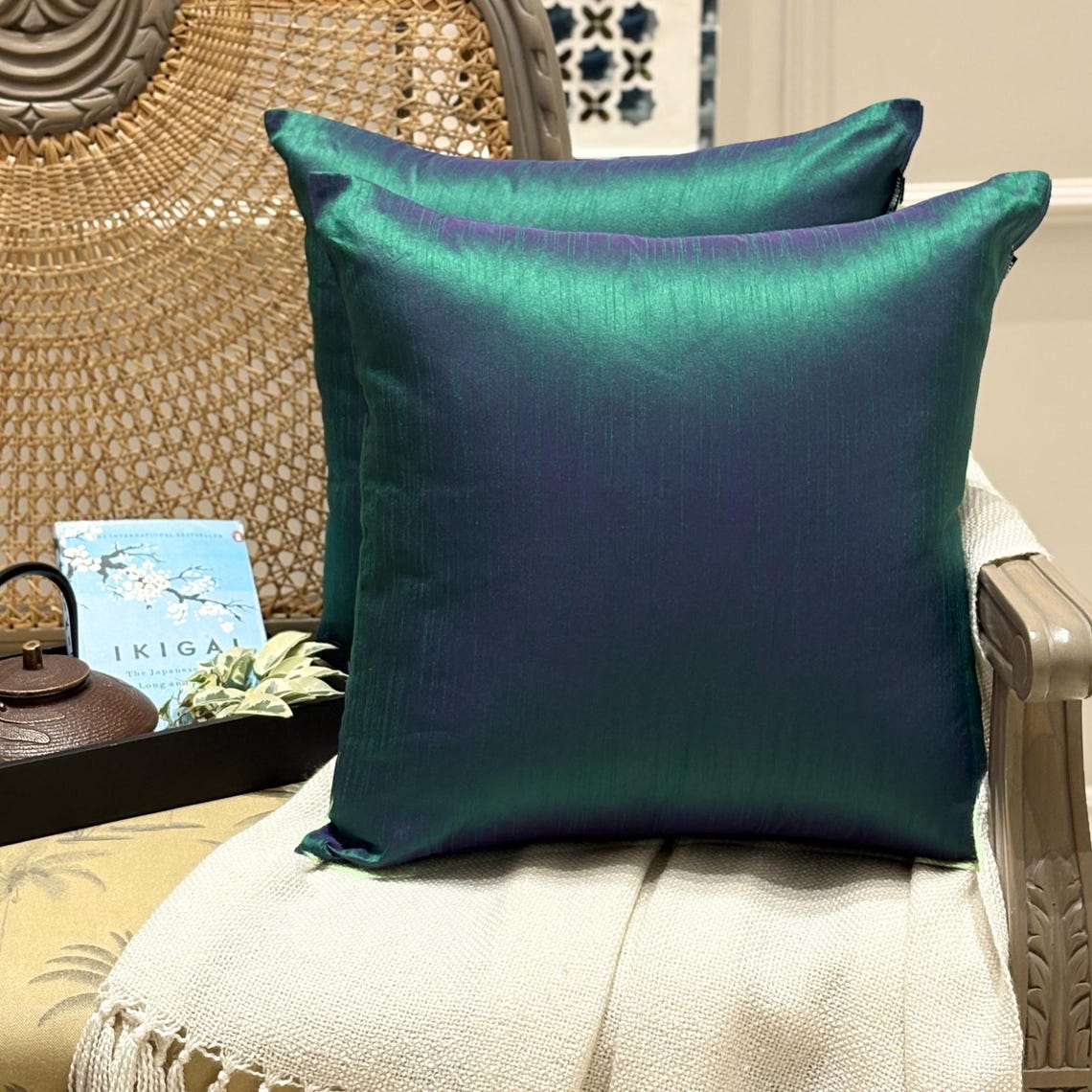 Peacock Green Luxury Throw Pillow Cover