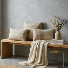 Beige Linen Throw Pillow Cover - Oat Houndstooth