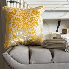 Mimosa Yellow Damask - Mimosa Yellow Burnout Velvet Throw Pillow Cover