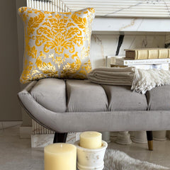 Mimosa Yellow Damask - Mimosa Yellow Burnout Velvet Throw Pillow Cover